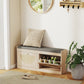 HOMCOM Shoe Bench with Flip Doors, Seat Cushion, Adjustable Shelves for 8 Pairs, Boho Entryway Bench for Bedroom, Natural Wood