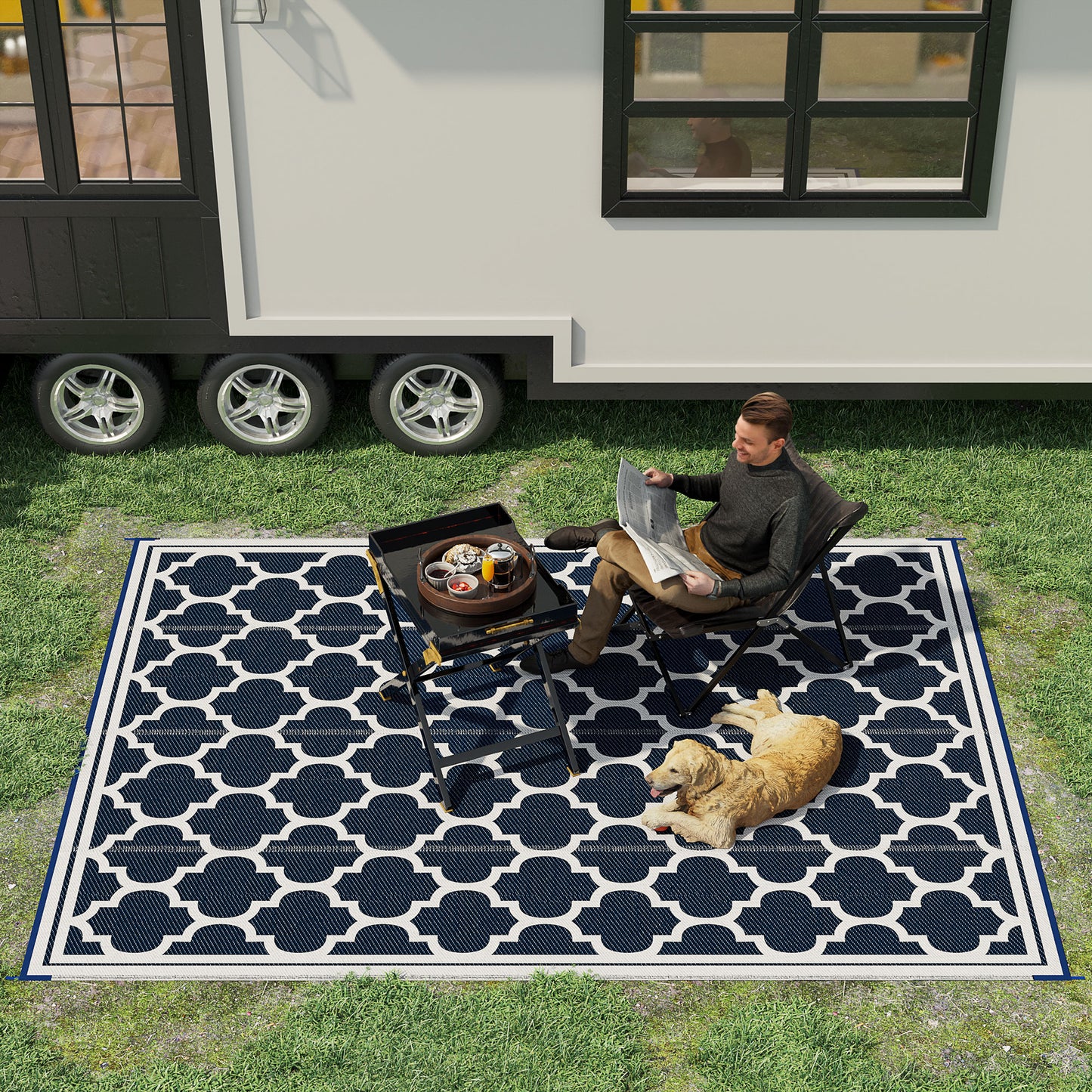 Outsunny 9'x12' Reversible Outdoor RV Rug, Patio Floor Mat, Plastic Straw Rug for Backyard, Deck, Beach, Camping, Black