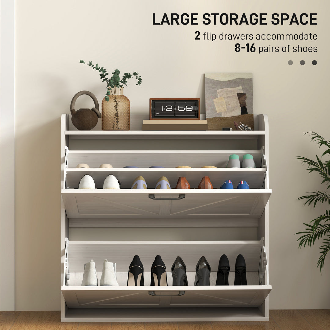 HOMCOM Narrow Shoe Storage Cabinet, Farmhouse Slim Shoe Cabinet with 2 Flip Drawers, Adjustable Shelves, White Oak