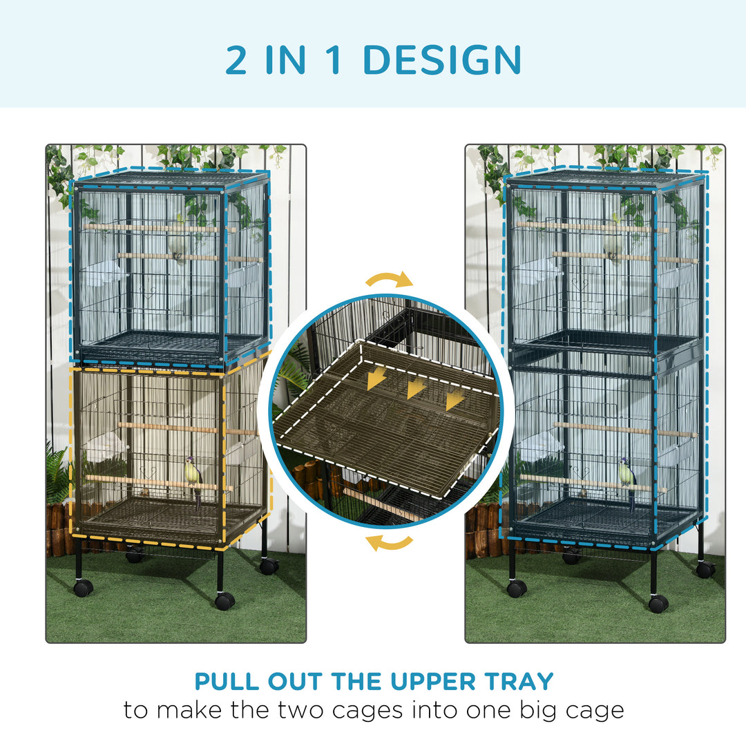 PawHut 55.1" 2 In 1 Bird Cage Aviary Parakeet House for finches, budgies with Wheels, Slide-out Trays, Wood Perch, Food Containers, Light Blue