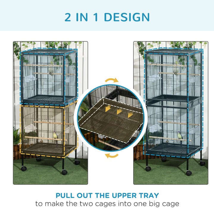 PawHut 55.1" 2 In 1 Bird Cage Aviary Parakeet House for finches, budgies with Wheels, Slide-out Trays, Wood Perch, Food Containers, Light Blue