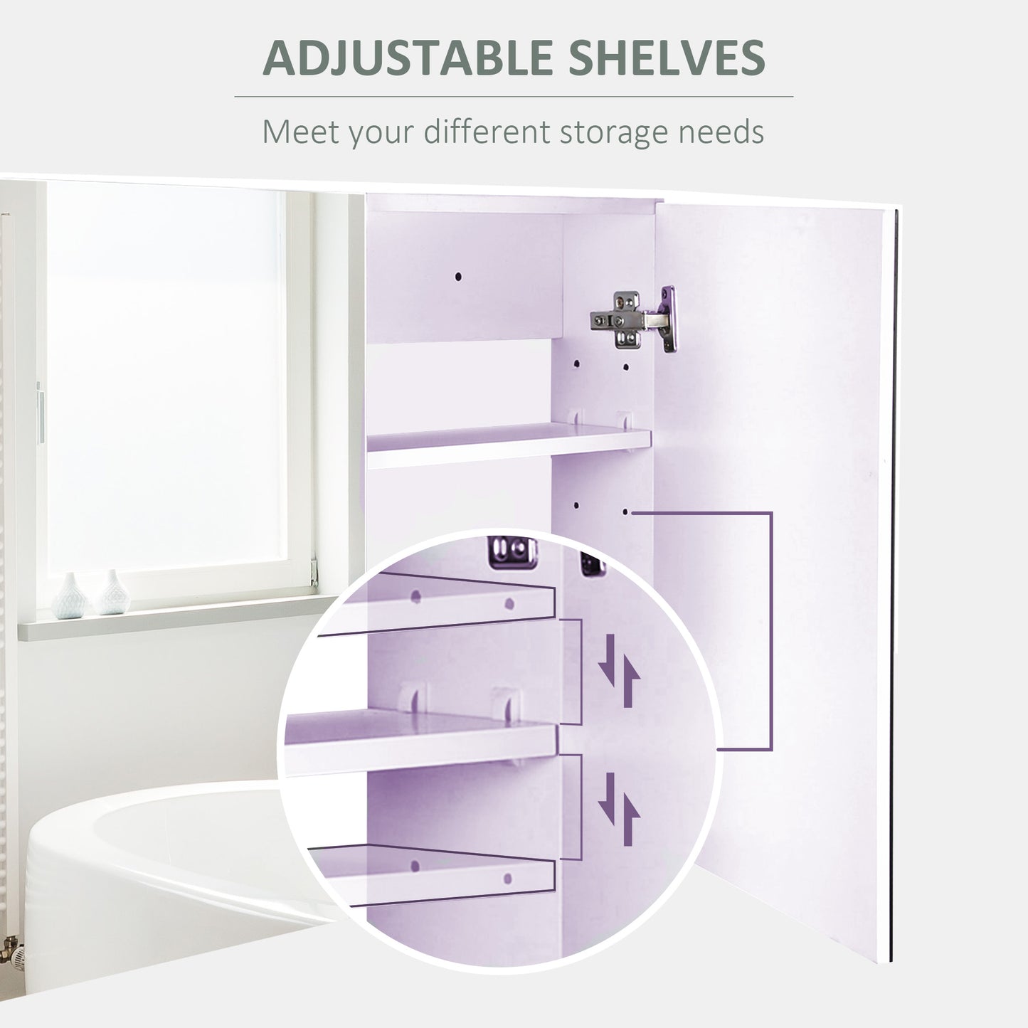 HOMCOM Bathroom Mirror Cabinet, Wall-Mounted Storage Organizer with Double Doors, Adjustable Shelf, Light Lilac