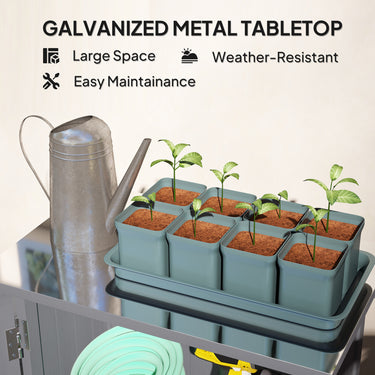 Outsunny Outdoor Storage Cabinet, Wooden Garden Storage Shed with 2-Tier Shelves, Metal Tabletop and Magnetic Doors, Grey