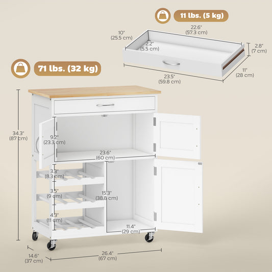 HOMCOM Rolling Kitchen Cart, Kitchen Island with Storage Drawer, 9-bottle Wine Rack, Door Cabinets, Wooden Countertop, White