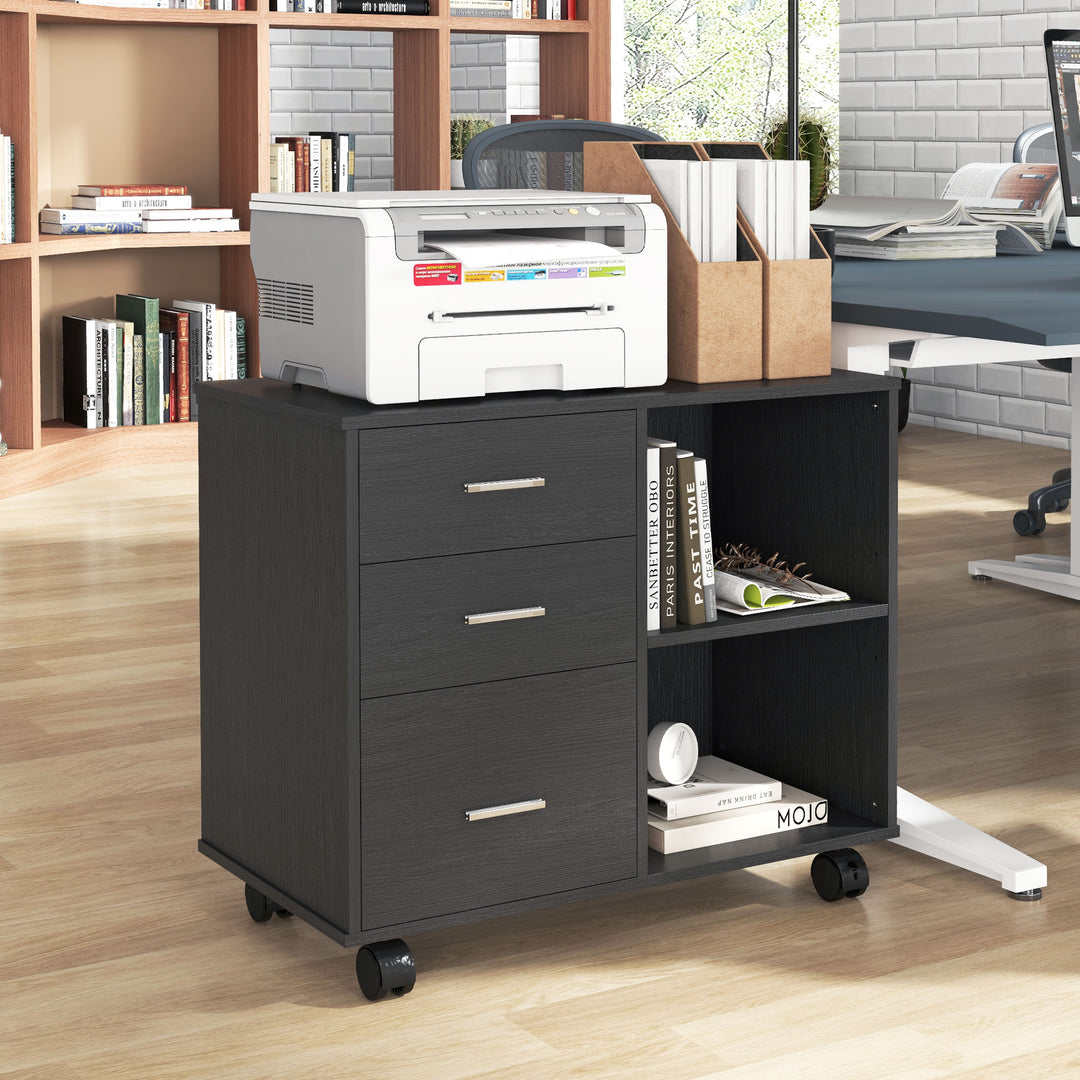 HOMCOM Modern Lateral Filing Cabinet, 3 Drawer File Cabinet for Letter and A4 Size Documents, Mobile, Printer Stand with Open Shelves, Rolling Wheels, White