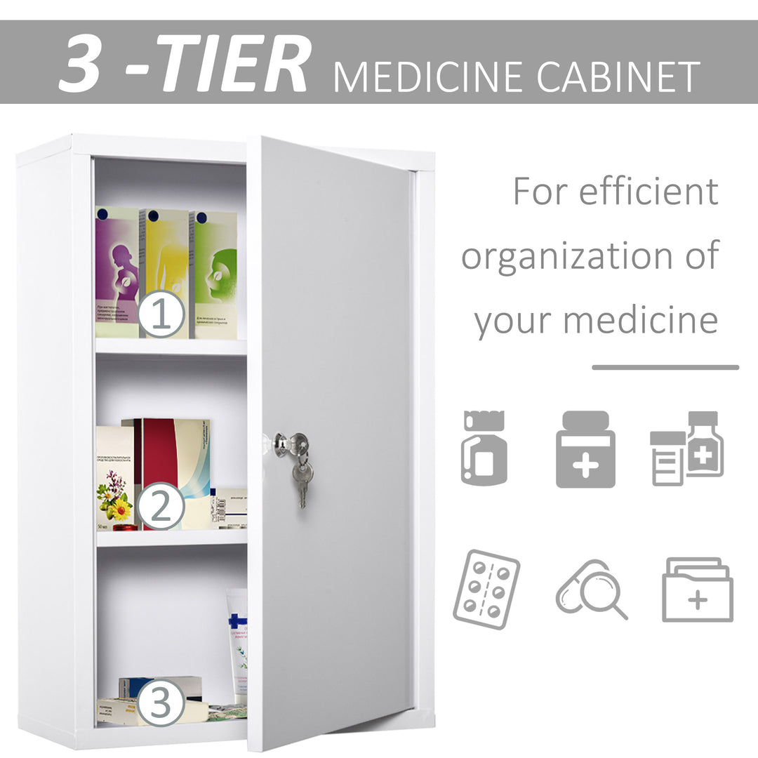 kleankin Wall Mount Medicine Cabinet 3 Tier Steel Emergency Box for Bathroom, Lockable with 2 Keys, White