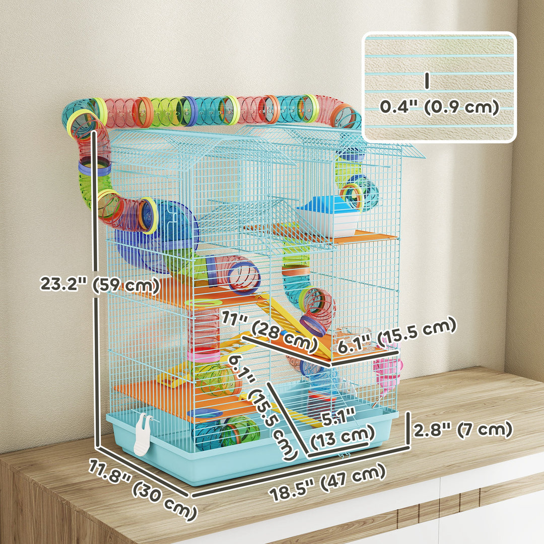PawHut 18.5" Hamster Cage, 5 Tiers Small Animal House with Tunnel Tube System, Exercise Wheel, Water Bottle, Blue