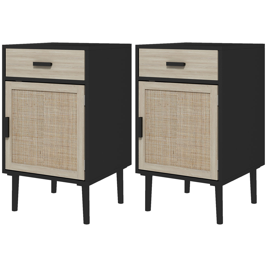 HOMCOM Boho Bedside Tables Set of 2, Nightstands with Drawer, Rattan Cabinet, Adjustable Shelf for Bedroom, Living Room, Black
