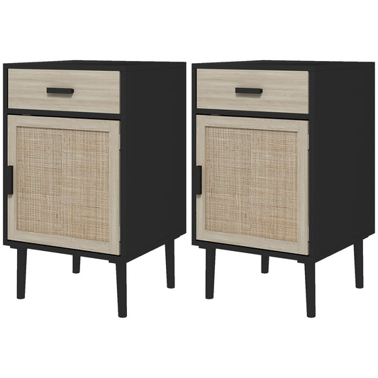 HOMCOM Boho Bedside Tables Set of 2, Nightstands with Drawer, Rattan Cabinet, Adjustable Shelf for Bedroom, Living Room, Black
