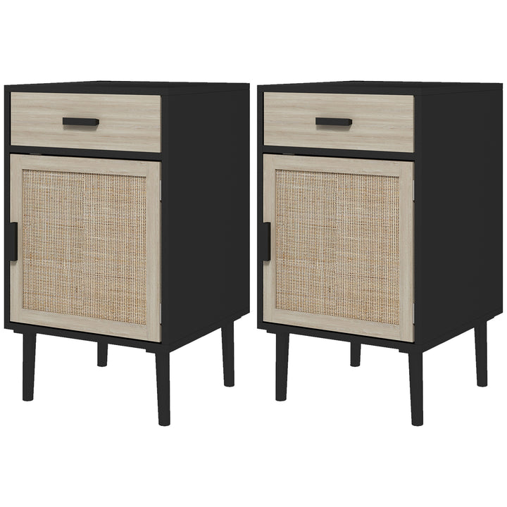 HOMCOM Boho Bedside Tables Set of 2, Nightstands with Drawer, Rattan Cabinet, Adjustable Shelf for Bedroom, Living Room, Black