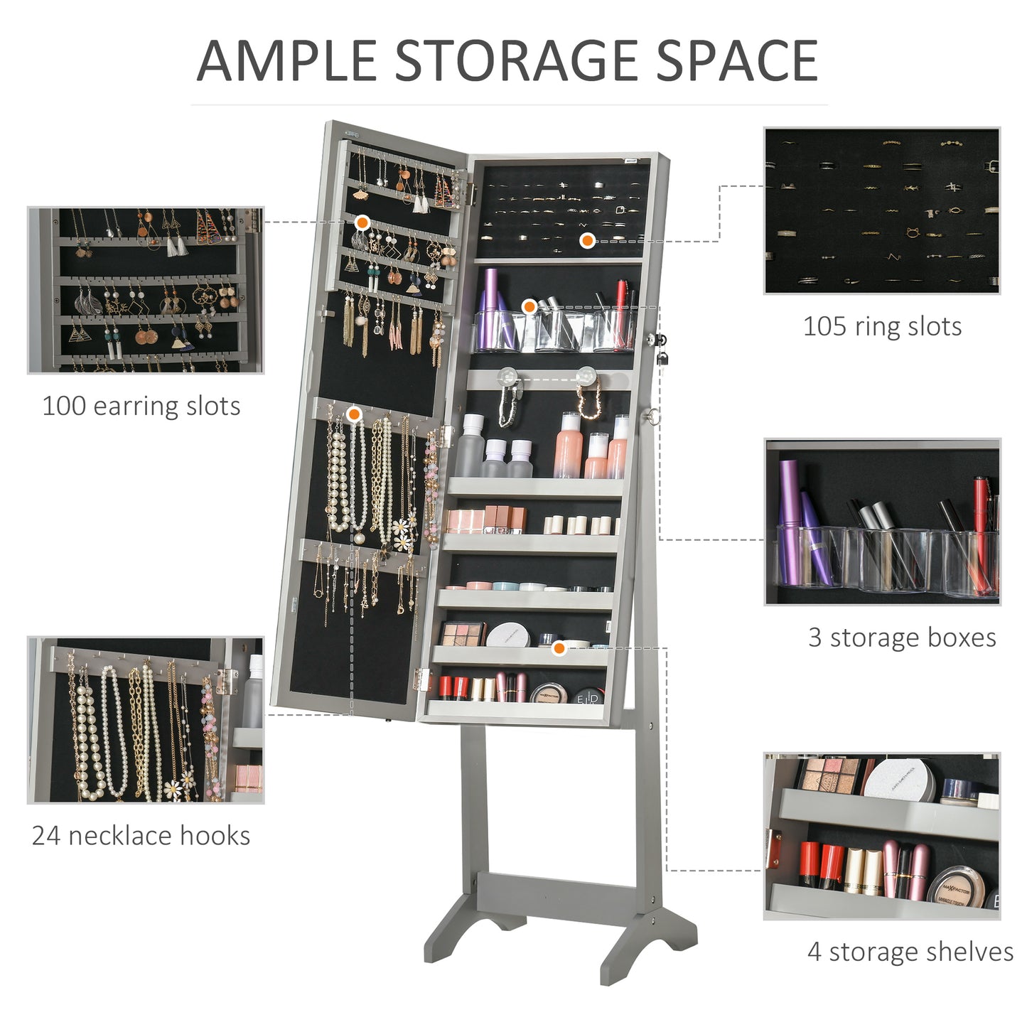 HOMCOM Lockable Jewelry Armoire with LED Light, Standing Mirror with Storage for Bedroom Dressing Room, Grey