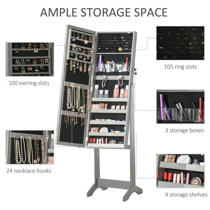 HOMCOM Lockable Jewellery Armoire with LED Light, Standing Mirror with Storage for Bedroom Dressing Room, Grey