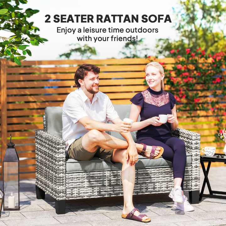 Outsunny 2 Seat Patio Loveseat Deluxe Wicker Sofa Chair Outdoor Rattan Furniture Couch All Weather with Cushion for Balcony, Deck, Garden and Poolside, Grey