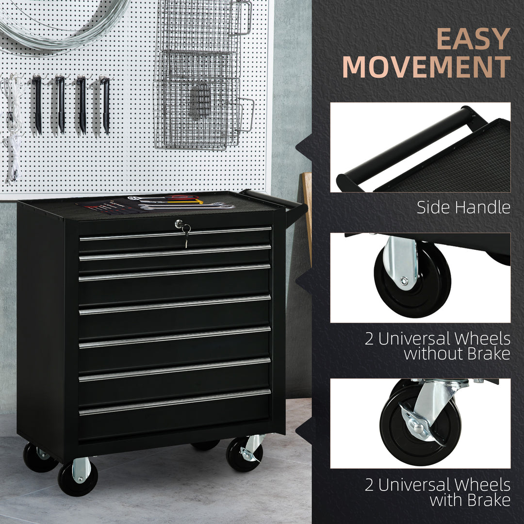 HOMCOM 7 Drawer Roller Tool Chest, Mobile Lockable Toolbox, Storage Organizer with Handle for Workshop Mechanics Garage, Red