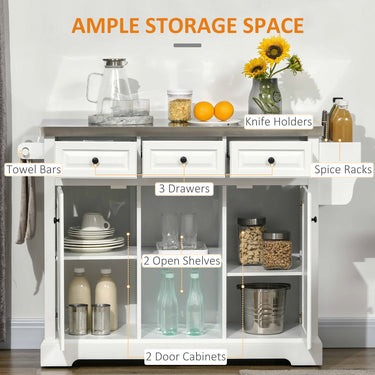 HOMCOM Kitchen Island on Wheels with Stainless Steel Top, Spice Rack, Drawers, Rolling Bar Cart with Storage, White