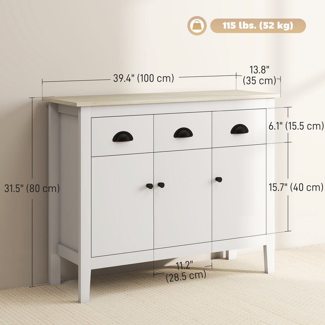 HOMCOM Sideboard Buffet Cabinet, 40" Kitchen Coffee Bar Cabinet with 3 Drawers and 2 Adjustable Shelves, White