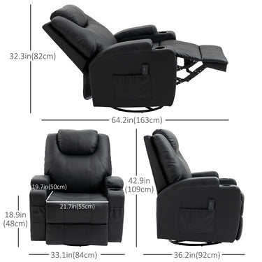 HOMCOM Massage Recliner Chair, Swivel Nursery Rocker Chair, Manual Reclining Sofa with 8 Vibration Points, PU Leather, Cup Holders, Side Pockets, for Living Room, Black