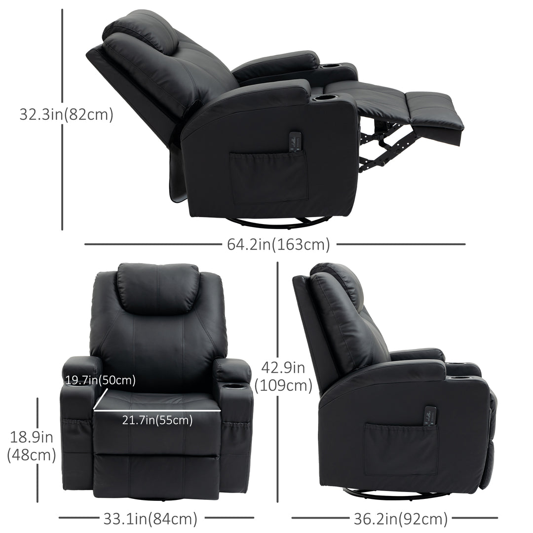 HOMCOM Massage Recliner Chair, Swivel Nursery Rocker Chair, Manual Reclining Sofa with 8 Vibration Points, PU Leather, Cup Holders, Side Pockets, for Living Room, Black