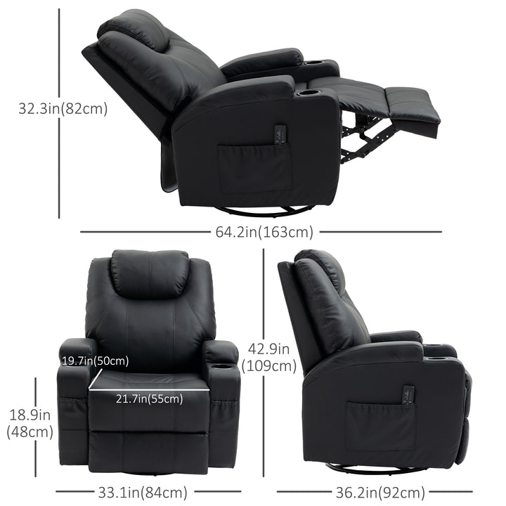 HOMCOM Massage Recliner Chair, Swivel Nursery Rocker Chair, Manual Reclining Sofa with 8 Vibration Points, PU Leather, Cup Holders, Side Pockets, for Living Room, Black