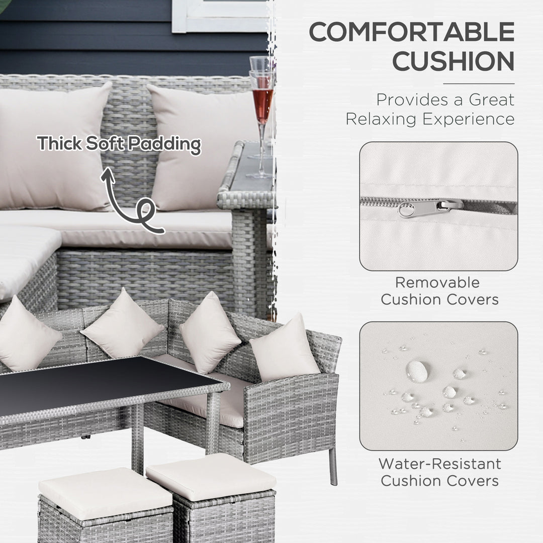 Outsunny 5 Pieces Wicker Patio Conversation Dining Furniture Set with Cushions, Table and Ottomans, Bright Blue