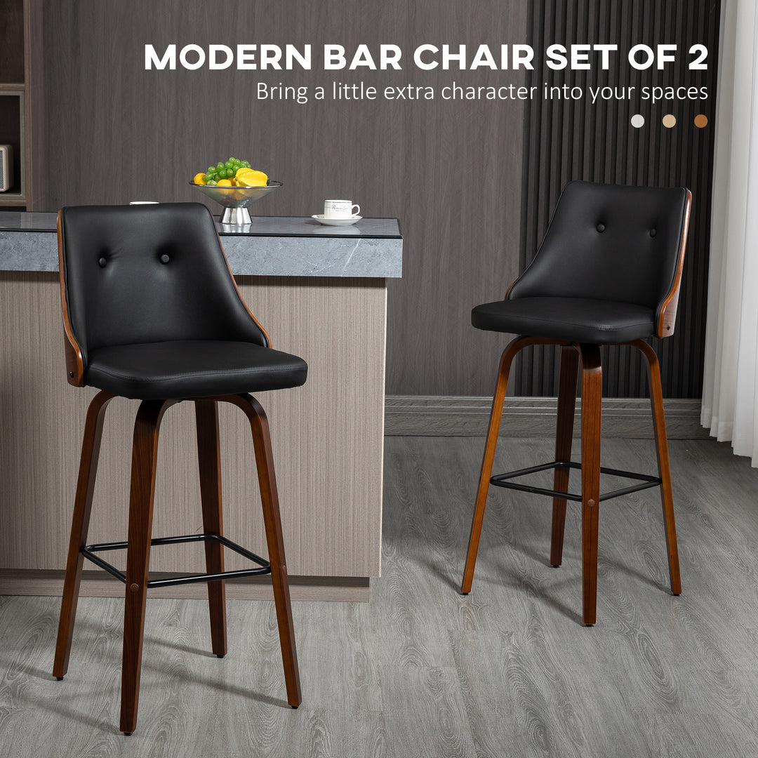 HOMCOM Bar Height Bar Stools Set of 2 PU Leather Upholstered Swivel Barstools with Solid Wood Legs Footrest and Tufted Back, Black