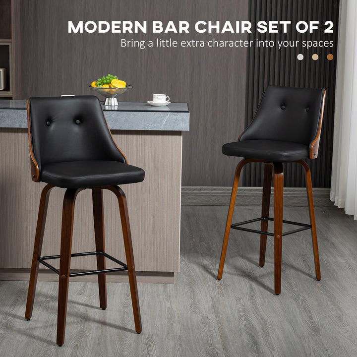 HOMCOM Bar Height Bar Stools Set of 2 PU Leather Upholstered Swivel Barstools with Solid Wood Legs Footrest and Tufted Back, Black