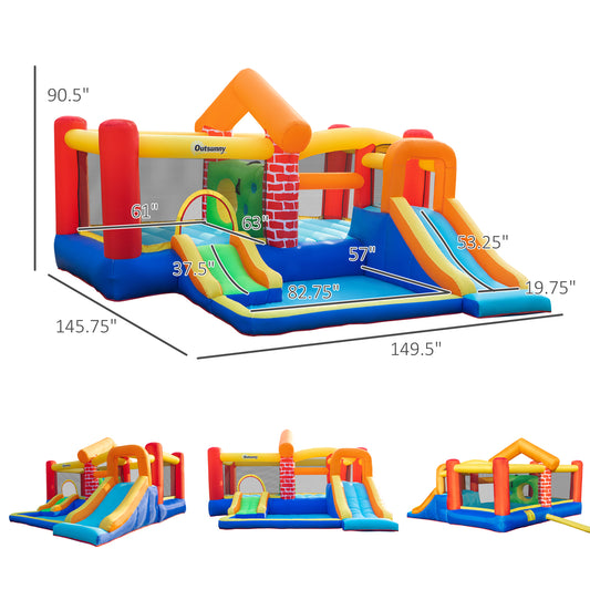 Outsunny 12.5 x 12FT Large Kids Bounce House, Castle-Themed with 2 Slides, Trampoline, Inflatable Pool, Climbing Wall, Carry Bag, 450W Air Blower