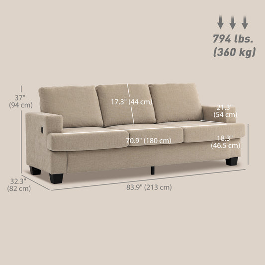HOMCOM 3 Seater Sofa with USB Ports & Cup Holders, Chenille-Feel Upholstered Couch for Living Room, Light Brown