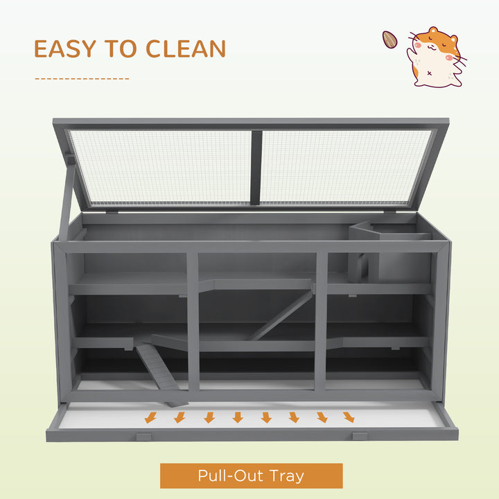 PawHut Wooden Hamster Cage Rat Cage with Slide, Tray, Grey