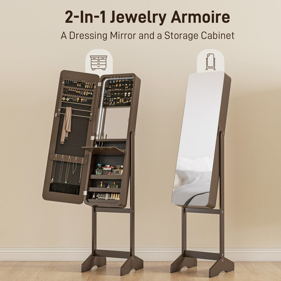 HOMCOM Freestanding Mirror Jewelry Cabinet Armoire, LED Lighted Jewelry Organizer with Stand, Angle Adjustable, White