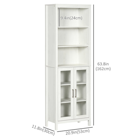 kleankin Tall Bathroom Storage Cabinet with 3 Tier Shelf, Bookcase with Glass Doors, Freestanding Linen Tower with Adjustable Shelves, Antique White
