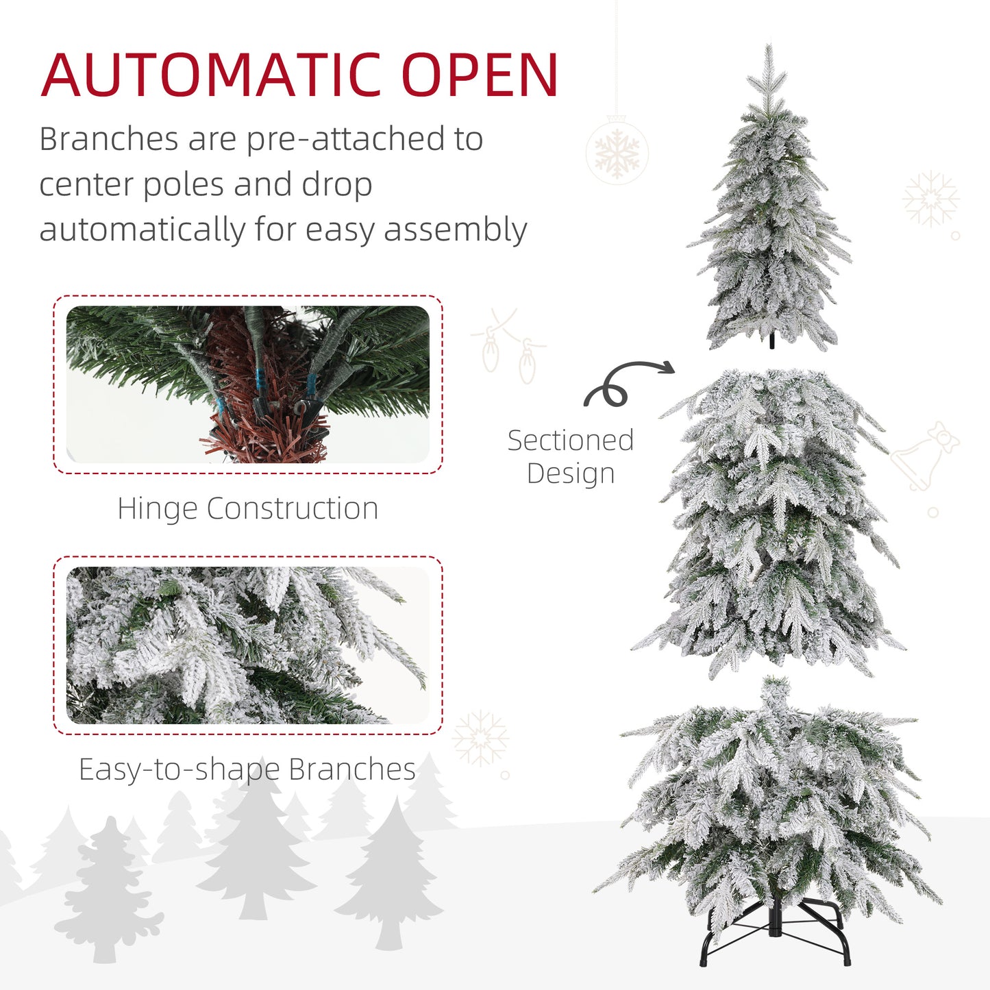 HOMCOM 6ft Pencil Flocked Artificial Christmas Tree with 600 Branch Tips, Auto Open and Steel Base, Green