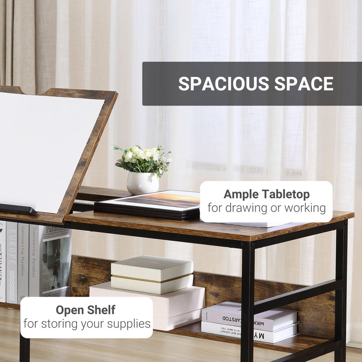 HOMCOM Adjustable Drafting Table Art Desk Drawing Table Craft Desk Workstation for Painting Multifunctional Writing Desk with Tiltable Tabletop and Storage Shelf Rustic Brown