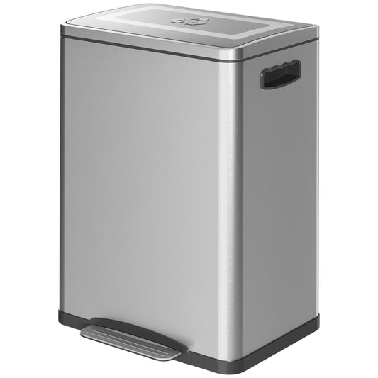 HOMCOM 2 x 20 Liter Garbage Bin, Stainless Steel Garbage Can with Soft-Close Lid and Removable Inner Buckets, Silver