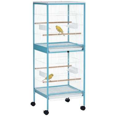 PawHut 55.1" 2 In 1 Bird Cage Aviary Parakeet House for finches, budgies with Wheels, Slide-out Trays, Wood Perch, Food Containers, Light Blue
