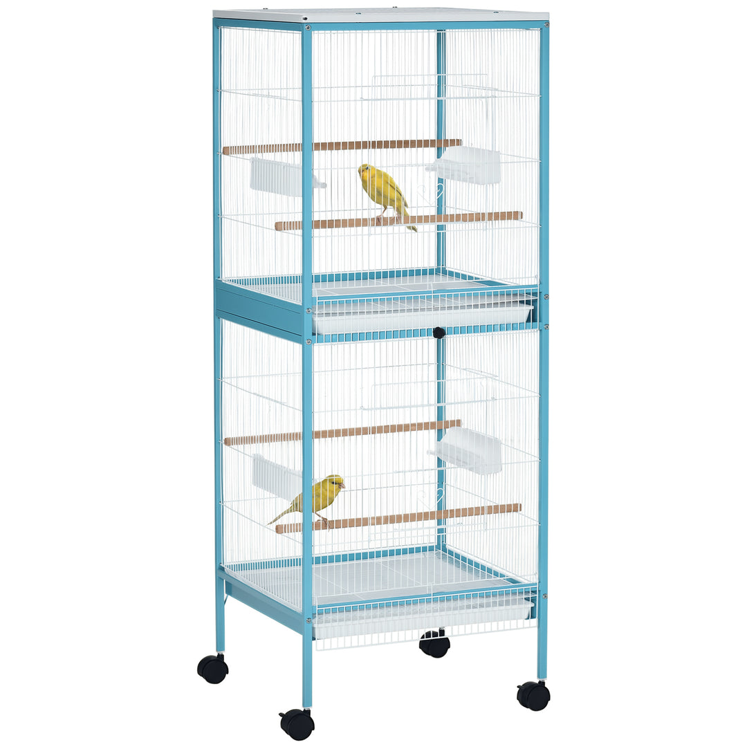 PawHut 55.1" 2 In 1 Bird Cage Aviary Parakeet House for finches, budgies with Wheels, Slide-out Trays, Wood Perch, Food Containers, Light Blue