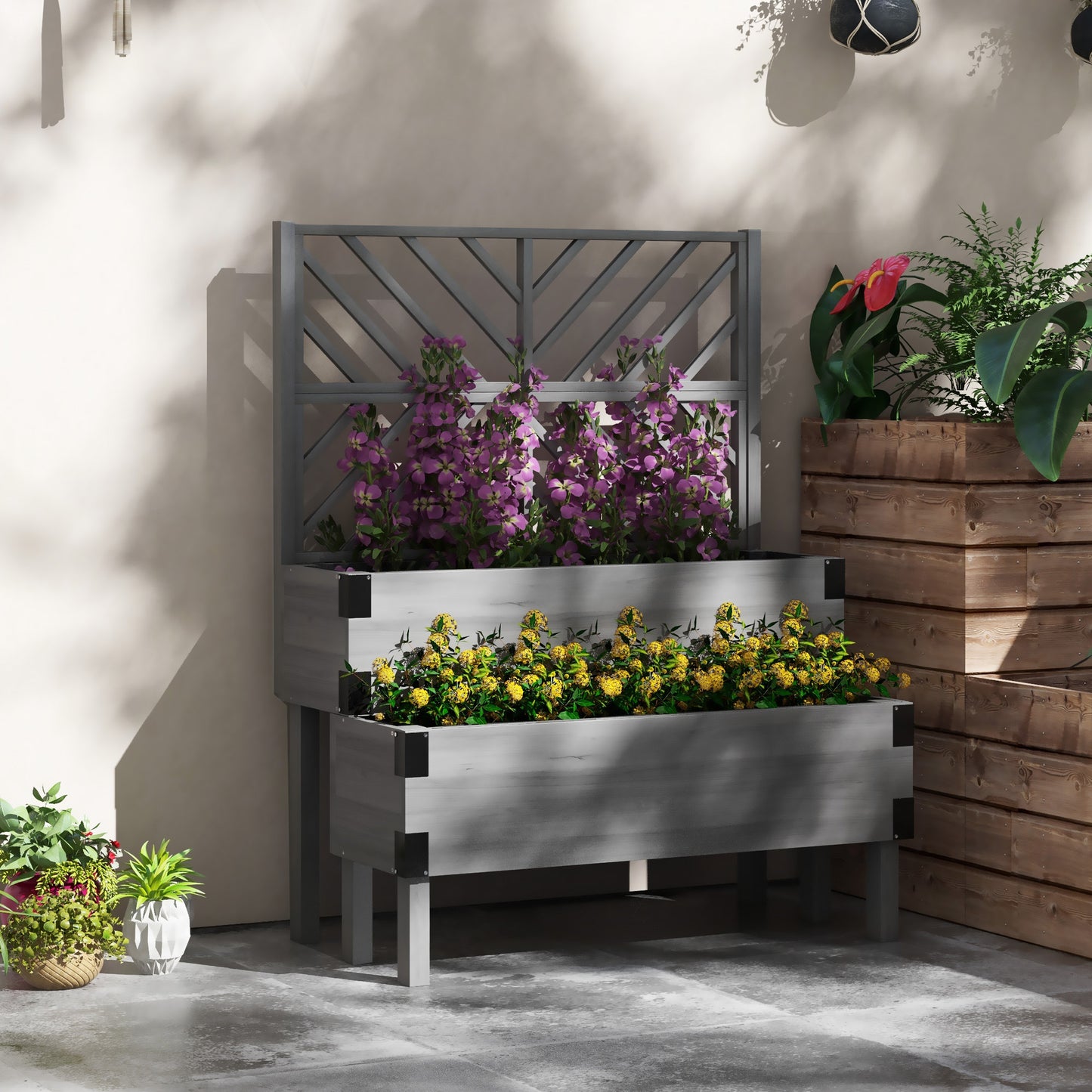 Outsunny Raised Garden Bed with Trellis, 2 Tier Wooden Elevated Planter Box  for Vegetables, Flowers, Herbs, Grey