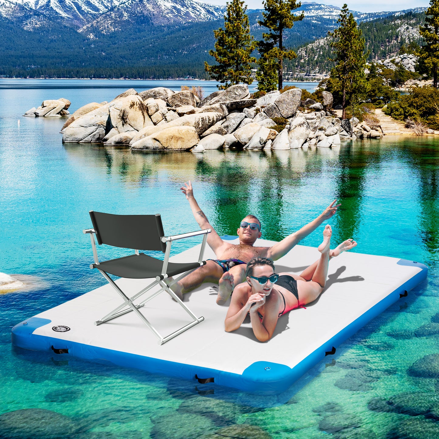 Outsunny 8' x 6' Water Floating Dock, Rafting Inflatable Island with Air Pump and Backpack for Pool, Beach, Ocean, Blue & Green