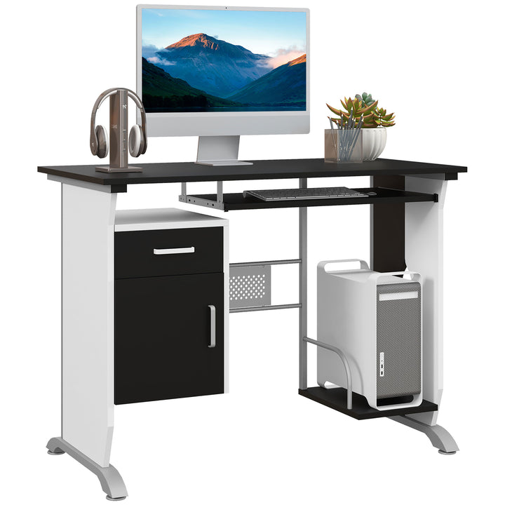 HOMCOM Computer Desk Table Home Office Furniture with Keyboard Tray and CPU Stand, Black and White