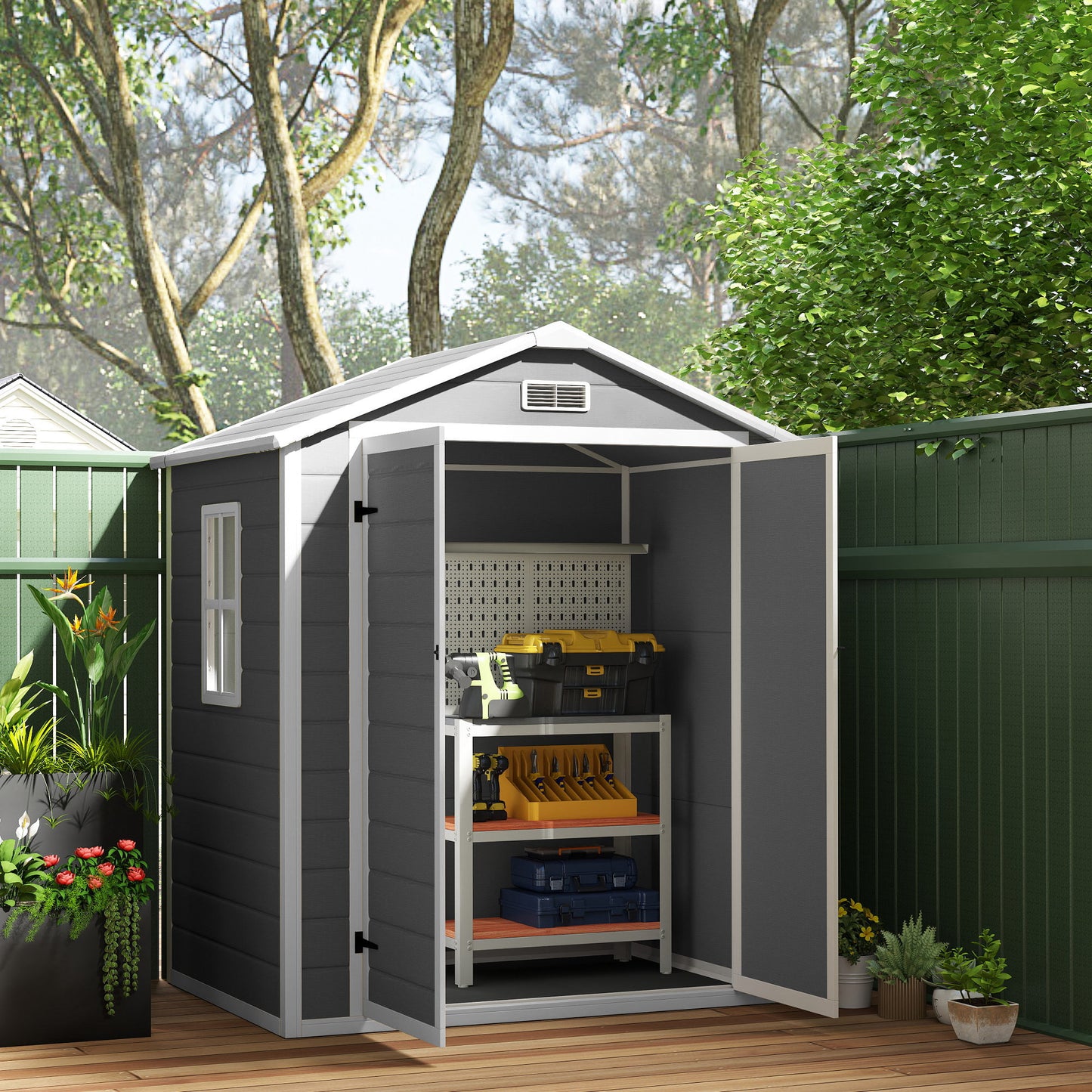 Outsunny 6x4.5ft Plastic Garden Shed, Lockable Garden Tool Storage House with Double Doors and Vent for Equipment, Gray