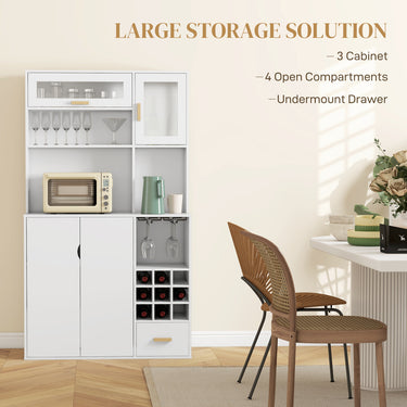 HOMCOM Coffee Bar Cabinet, Kitchen Hutch with Wine Storage, Microwave Countertop, Drawer and Tempered Glass Doors, White