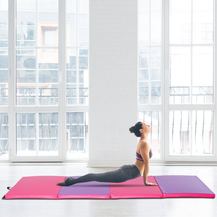 Soozier 4'x10'x2'' Folding Gymnastics Tumbling Mat, Exercise Mat  with Carrying Handles for Yoga, MMA, Martial Arts, Stretching, Core Workouts, Pink and Purple