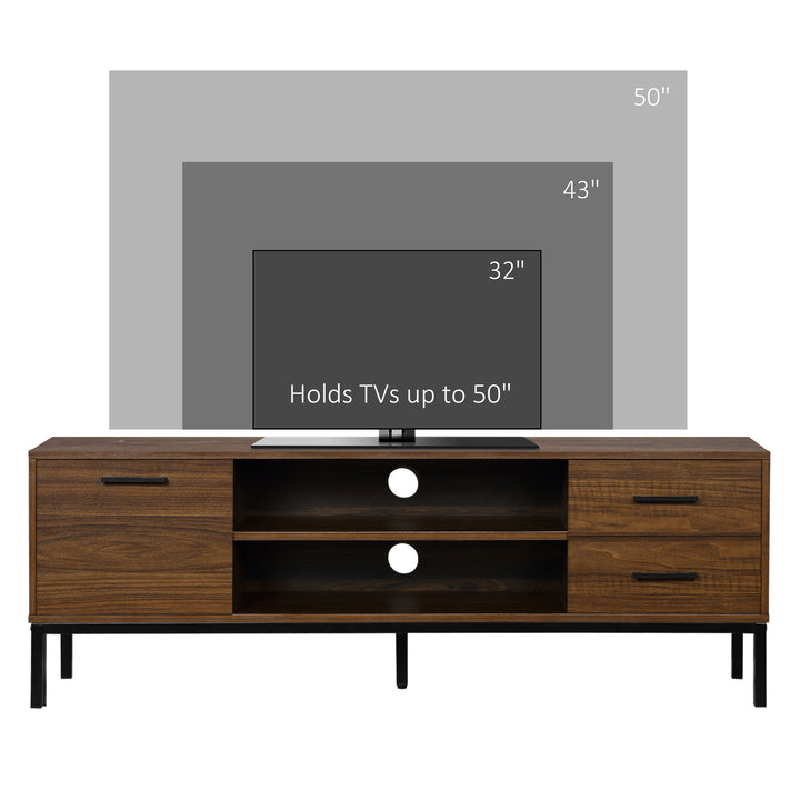 HOMCOM TV Stand for TV up to 50 Inches, TV Cabinet with Door, Open Storage and Drawers, TV Table with Steel Legs, Dark Walunt