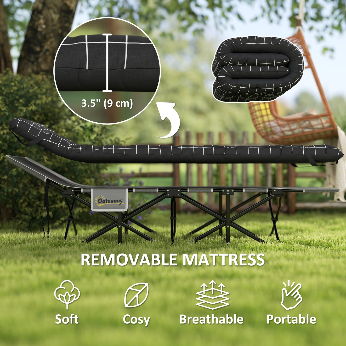 Outsunny 25.6" Wide Folding Bed, Camping Cot for Adults with Mattress, Carry Bag, Storage Pocket, Max Load 330 LBS, Light Grey