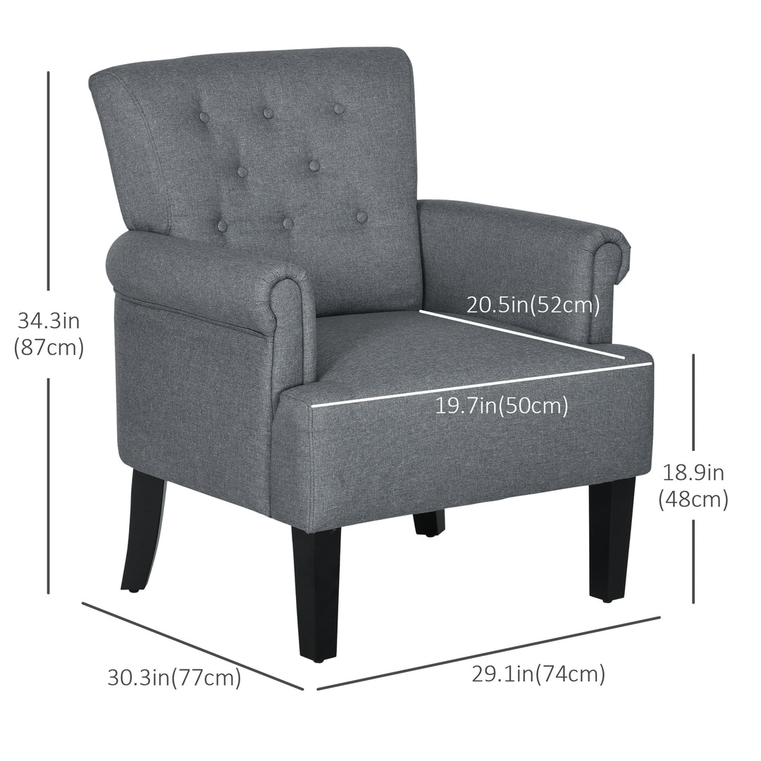 HOMCOM Armchair, Fabric Accent Chair, Modern Living Room Chair with Wood Legs and Rolled Arms for Bedroom, Grey