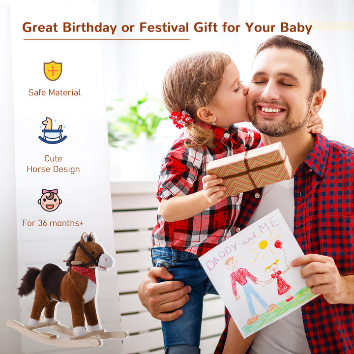 Qaba Kids Plush Ride On Rocking Horse Child Animal Adventure Rocker Chair Playtime Toy with Sound Scarf Included Red Brown