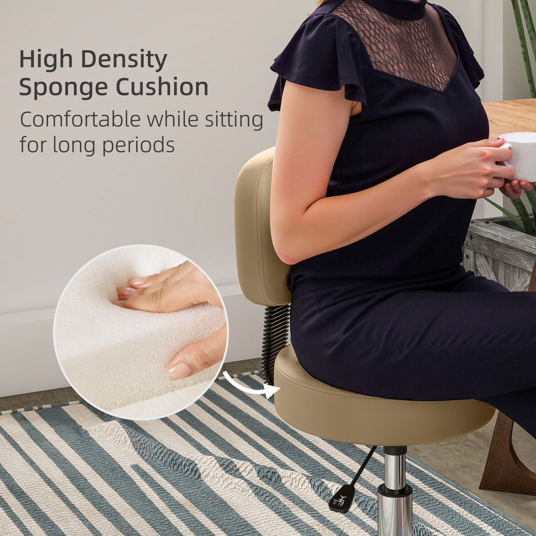 HOMCOM Adjustable Rolling Stool with Back, PU Leather Round Swivel Drafting Stool with Wheels for Kitchen, Salon Spa, Bar, Home Office, Massage, White