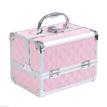 HOMCOM 3 Tier Diamond Texture Makeup Case Train Case Cosmetic Organizer with Mirror, Pink