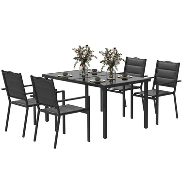 Outsunny 5 Piece Outdoor Dining Set w/ 4 Stackable Chairs, Rectangle Table, Tempered Glass Top, Steel Frame, Black