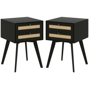 HOMCOM Boho Night Stands Set of 2, Bedside Tables with 2 Rattan Drawers, Square End Tables for Bedroom, Living Room